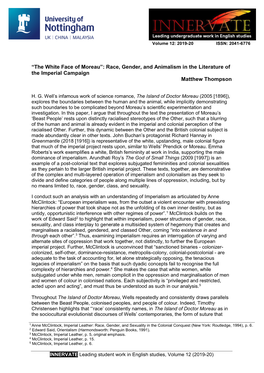 “The White Face of Moreau”: Race, Gender, and Animalism in the Literature of the Imperial Campaign Matthew Thompson