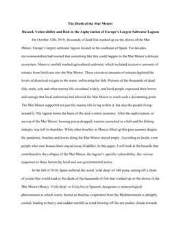 The Death of the Mar Menor: Hazard, Vulnerability and Risk in the Asphyxiation of Europe's Largest Saltwater Lagoon on Octobe