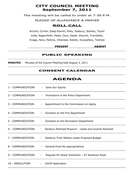 CITY COUNCIL MEETING September 7, 2011 AGENDA