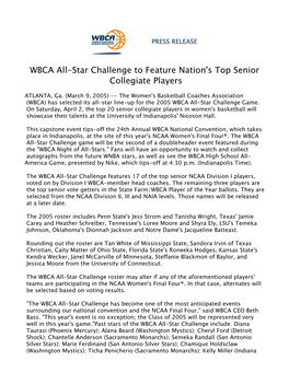 WBCA All-Star Challenge to Feature Nation's Top Senior Collegiate Players 2004-05 030905