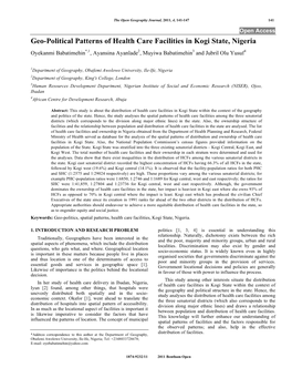 Geo-Political Patterns of Health Care Facilities in Kogi State, Nigeria Oyekanmi Babatimehin*,1, Ayansina Ayanlade2, Muyiwa Babatimehin3 and Jubril Olu Yusuf4