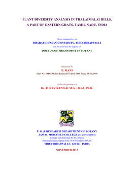 Plant Diversity Analysis in Thalaimalai Hills, a Part of Eastern Ghats, Tamil Nadu, India