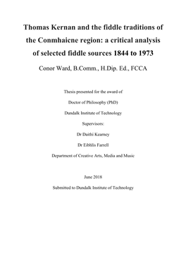 Thomas Kernan and the Fiddle Traditions of the Conmhaicne Region: a Critical Analysis of Selected Fiddle Sources 1844 to 1973