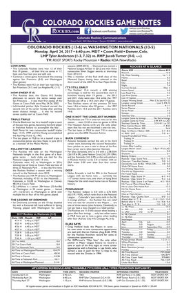 Colorado Rockies Game Notes