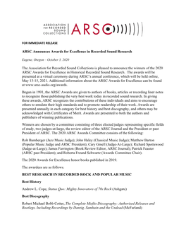 ARSC Announces Awards for Excellence in Recorded Sound Research