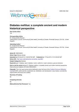 Diabetes Mellitus: a Complete Ancient and Modern Historical Perspective