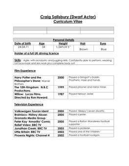 Craig Salisbury (Dwarf Actor) Curriculum Vitae