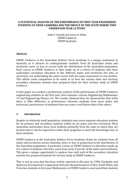 1 a Statistical Analysis of the Performance of First Year Engineering Students at Unsw Canberra and the Impact of the State Wher