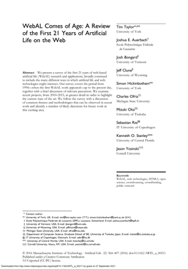 Webal Comes of Age: a Review of the First 21 Years of Artificial Life on the Web