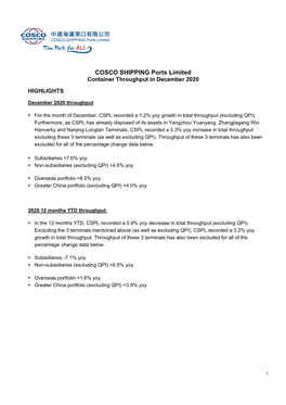 COSCO SHIPPING Ports Limited Container Throughput in December 2020