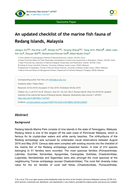 An Updated Checklist of the Marine Fish Fauna of Redang Islands, Malaysia