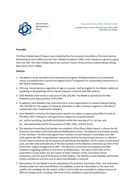 Statutes for the Chern Medal Award Mathematical As Decided at the Executive Committee of the IMU in 2007 Union with Subsequent Changes