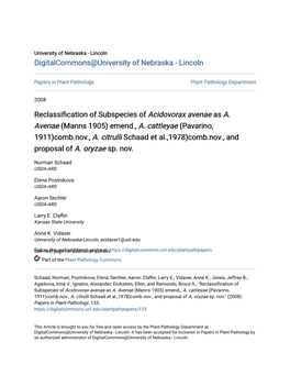 Reclassification of Subspecies of Acidovorax Avenae As A. Avenae (Manns 1905) Emend., A