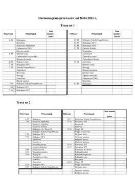 Harmonogram Przewozów Od 26.04.2021 R. Trasa Nr 1 Trasa Nr 2