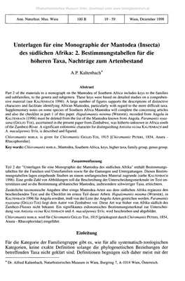 Unterlagen Für Eine Monographie Der Mantodea (Insecta) Des Südlichen Afrika: 2