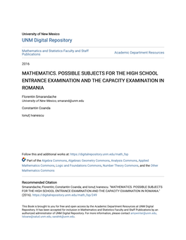 Mathematics. Possible Subjects for the High School Entrance Examination and the Capacity Examination in Romania