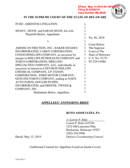 ASBESTOS LITIGATION SHAD C. SHAW, and SARAH SHAW, His Wife