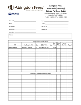 Abingdon Press Super Sale (February) Catalog Purchase Order 201 Eighth Avenue South/ P.O