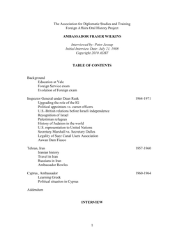 1 the Association for Diplomatic Studies and Training Foreign Affairs Oral History Project AMBASSADOR FRASER WILKINS Interviewed