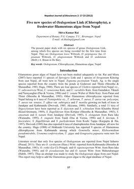 Five New Species of Oedogonium Link (Chlorophyta), a Freshwater Filamentous Algae from Nepal