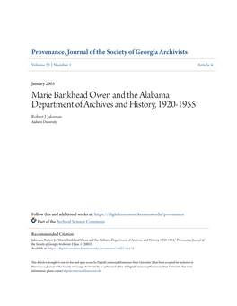 Marie Bankhead Owen and the Alabama Department of Archives and History, 1920-1955 Robert J