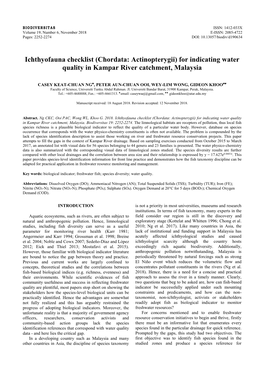 For Indicating Water Quality in Kampar River Catchment, Malaysia