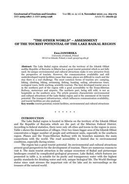 Assessment of the Tourist Potential of the Lake Baikal Region