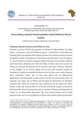 Nation Building, Nationale Erinnerungskultur Und Die Politik Der Toten in Namibia1 Godwin Kornes, Johannes Gutenberg-Universität Mainz