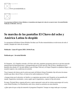 Se Marcha De Las Pantallas El Chavo Del Ocho Y América Latina Lo Despide