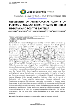 Assessment of Antimicrobial Activity of Plectasin Against Local Strains of Gram Negative and Positive Bacteria *O