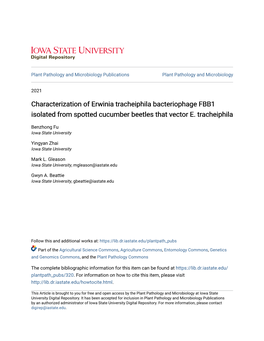 Characterization of Erwinia Tracheiphila Bacteriophage FBB1 Isolated from Spotted Cucumber Beetles That Vector E