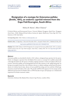 Designation of a Neotype for Enteromius Pallidus (Smith, 1841), an Endemic Cyprinid Minnow from the Cape Fold Ecoregion, South Africa