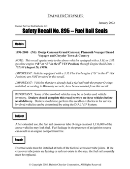 Safety Recall No. 895 -- Fuel Rail Seals