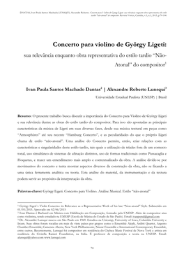 Concerto Para Violino De György Ligeti: Sua Relevância Enquanto Obra Representativa Do Estilo Tardio "Não-Atonal" Do Compositor