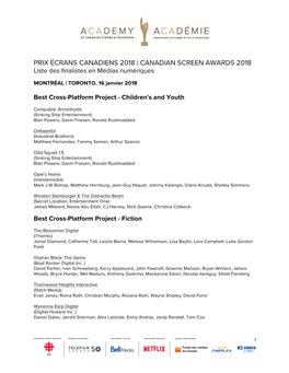 PRIX ÉCRANS CANADIENS 2018 | CANADIAN SCREEN AWARDS 2018 Liste Des Finalistes En Médias Numériques