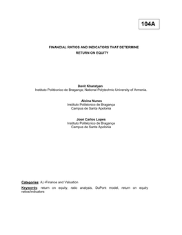 FINANCIAL RATIOS and INDICATORS THAT DETERMINE RETURN on EQUITY Davit Kharatyan Instituto Politécnico De Bragança