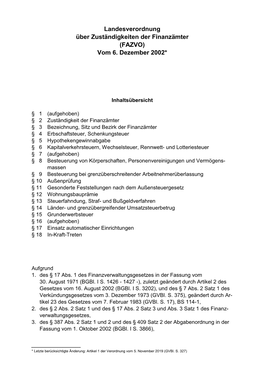 Landesverordnung Über Zuständigkeiten Der Finanzämter (FAZVO) Vom 6. Dezember 2002*