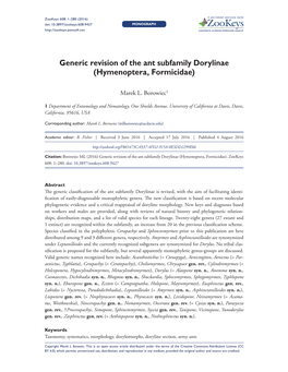 Generic Revision of the Ant Subfamily Dorylinae (Hymenoptera, Formicidae)