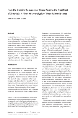 From the Opening Sequence of Citizen Kane to the Final Shot of the Birds: a Filmic Microanalysis of Three Painted Scenes Dario Lanza Vidal
