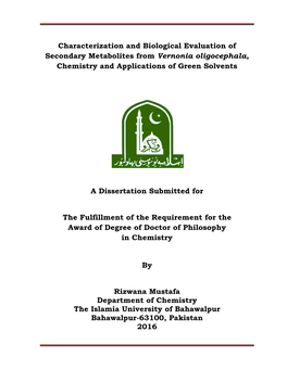 Characterization and Biological Evaluation of Secondary Metabolites from Vernonia Oligocephala, Chemistry and Applications of Green Solvents