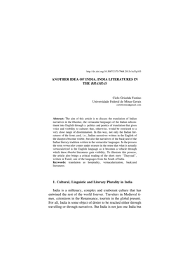ANOTHER IDEA of INDIA. INDIA LITERATURES in the BHASHAS 1. Cultural, Linguistic and Literary Plurality in India India Is a Mille