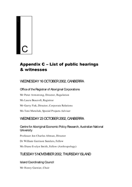 Appendix C – List of Public Hearings & Witnesses