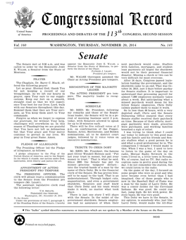 Congressional Record United States Th of America PROCEEDINGS and DEBATES of the 113 CONGRESS, SECOND SESSION