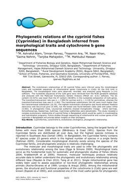 Phylogenetic Relations of the Cyprinid Fishes (Cyprinidae) in Bangladesh Inferred from Morphological Traits and Cytochrome B Gene Sequences 1,3M