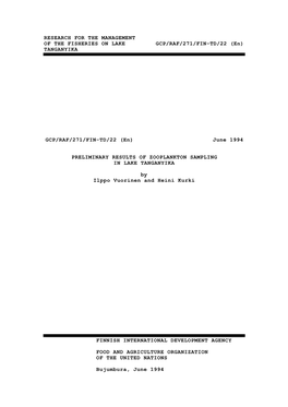 Preliminary Results of Zooplankton Sampling in Lake Tanganyika