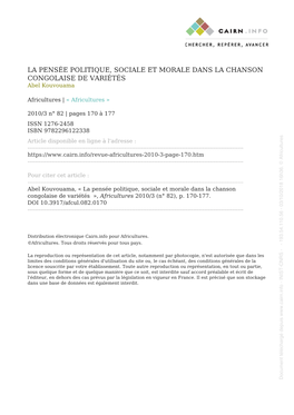 La Pensée Politique, Sociale Et Morale Dans La Chanson Congolaise De Variétés Par Abel Kouvouama