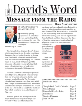MESSAGE from the RABBI RABBI ALAN LACHTMAN OY VEY, IT’S GOING to Merriment and Outward Celebration