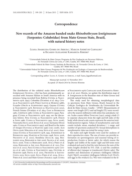 New Records of the Amazon Banded Snake Rhinobothryum Lentiginosum (Serpentes: Colubridae) from Mato Grosso State, Brazil, with Natural History Notes