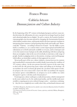 Franco Prono Cabiria Between Dannunzianism and Culture Industry