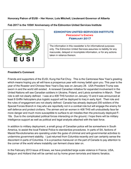 Honorary Patron of EUSI – Her Honor, Lois Mitchell, Lieutenant Governor of Alberta